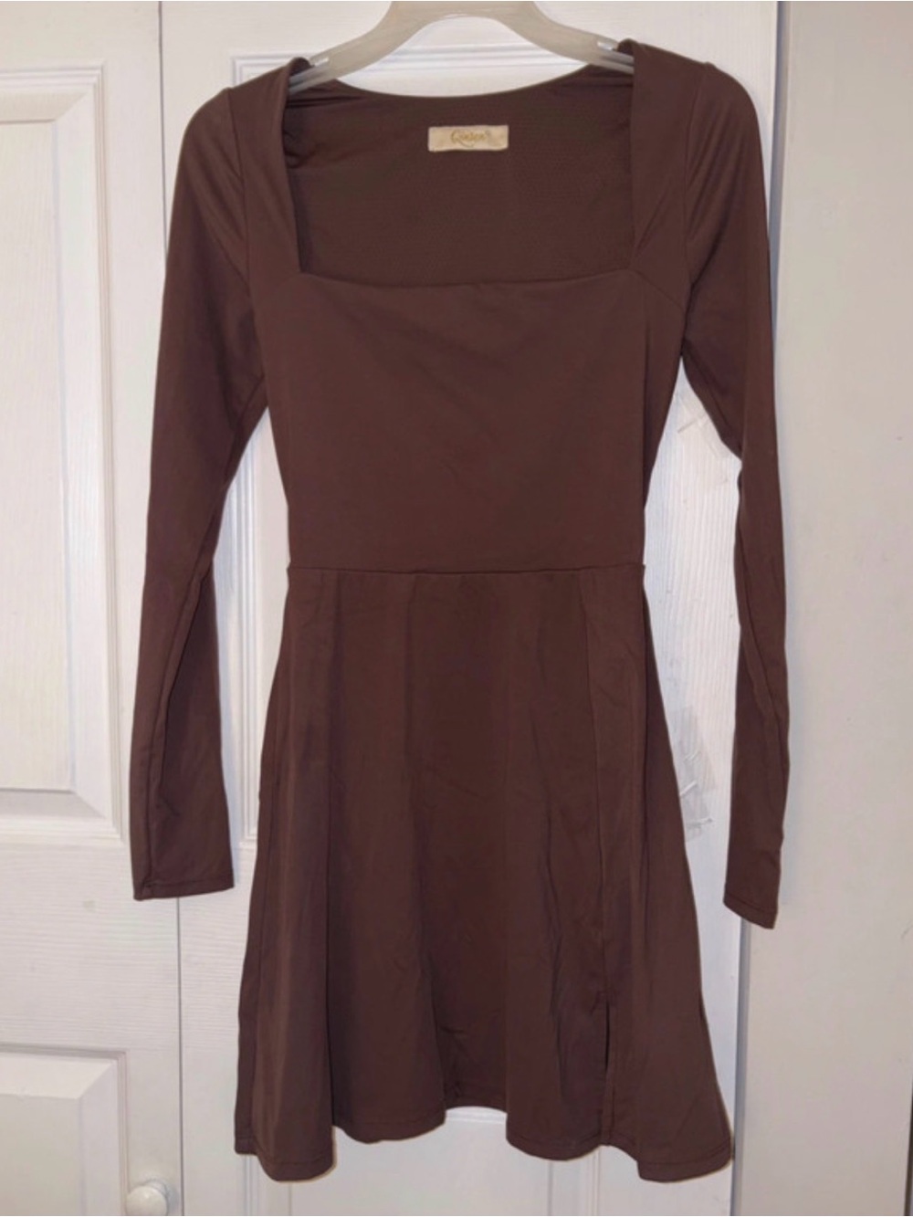 Long Sleeve Square Neck Brown Active Dress